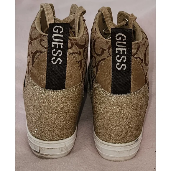 Guess Women's WGTONIGHT3 High Top Sneakers Beige Brown and Gold Glitter - Picture 4 of 9